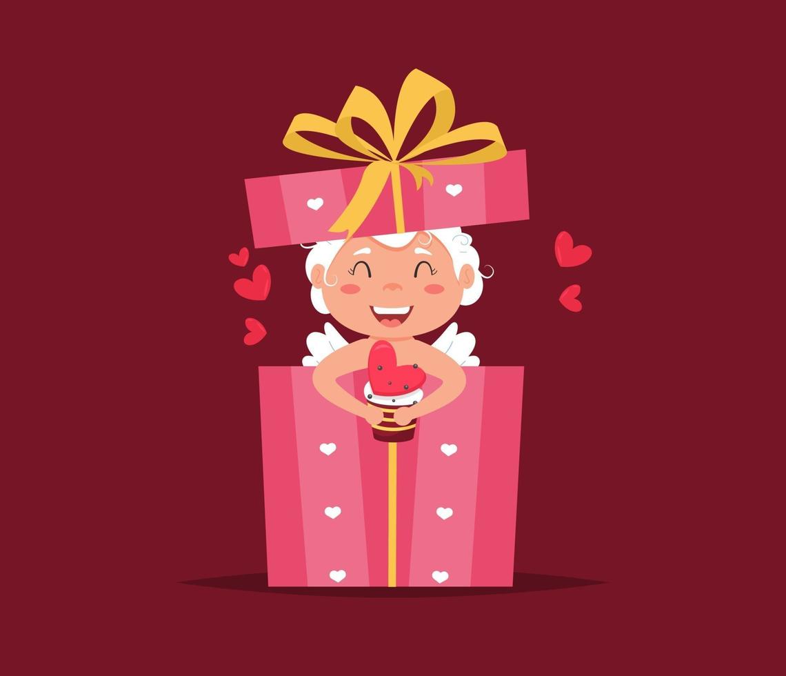 Valentine Cupid angel in gift box. Cute boy or girl cupid cartoon character. vector