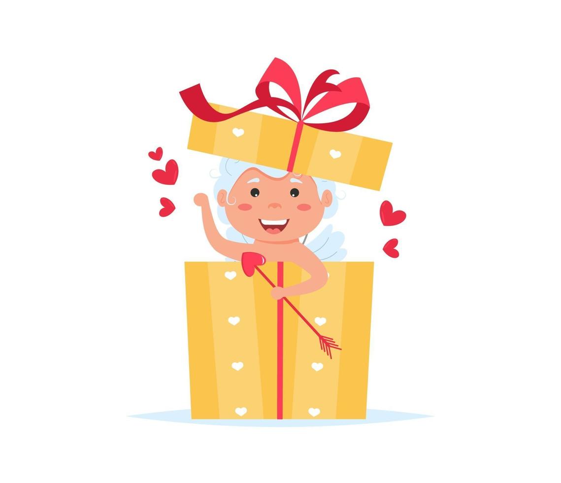 San Valentín Cupido ángel en caja de regalo. lindo niño o niña Cupido personaje de dibujos animados. vector