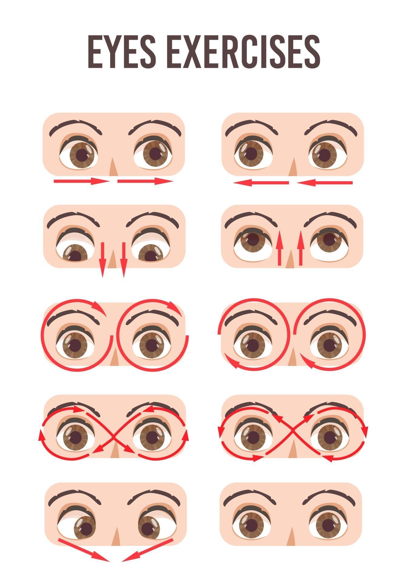 Eye exercise set. Movement for eyes relaxation. Eyeball, eyelash and