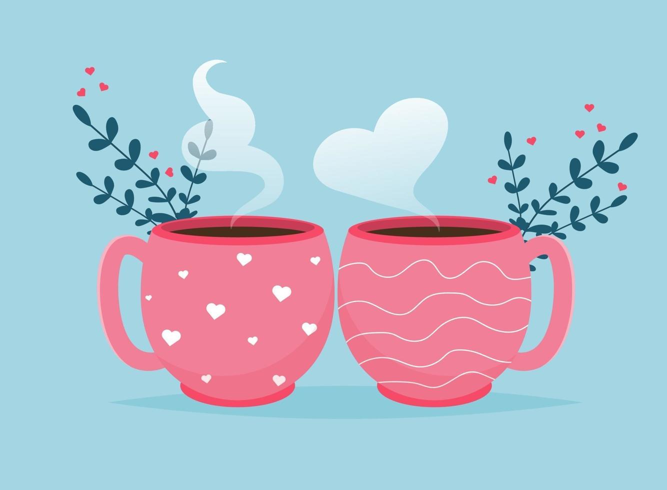 Valentine card with coffee cups Love you banner. Romantic holiday Valentine Day poster or greeting card. vector
