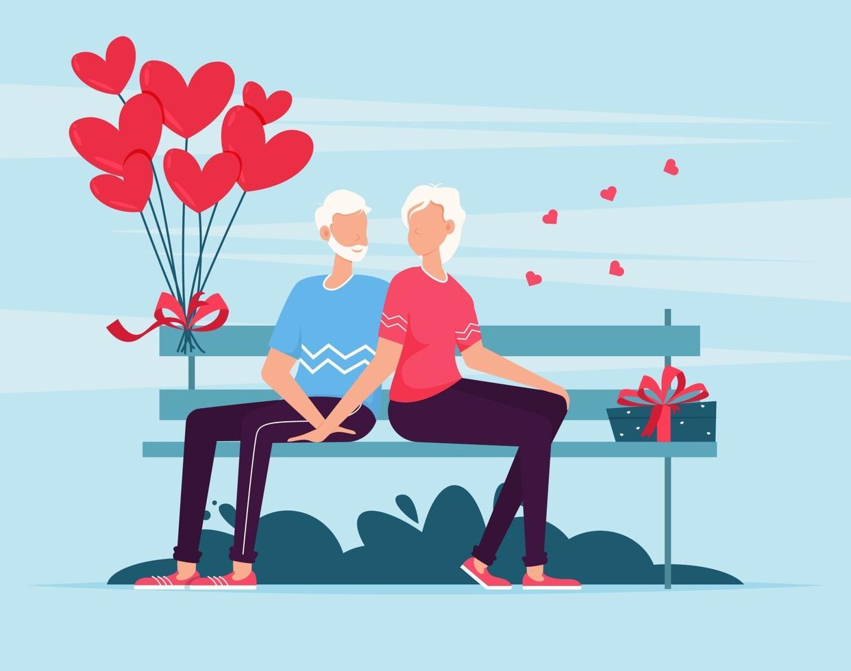 pareja senior sentada en un banco. pareja amorosa en el banco. Día de San Valentín vector