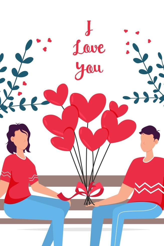 Valentines day romantic dating gift card. Lovers relationship two people. Couple sitting on bench. Loving couple. vector