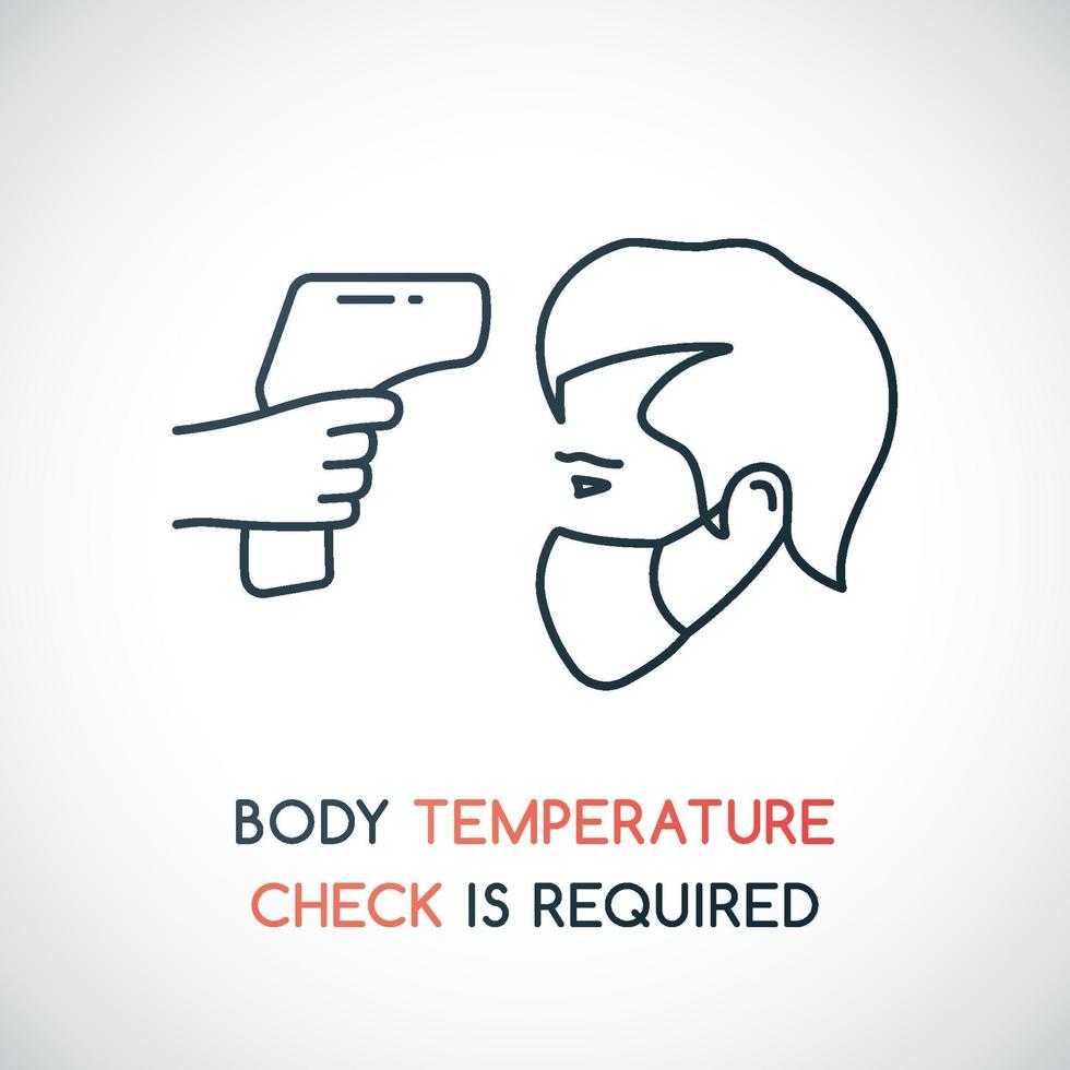 Ilustración de línea de vector de control de fiebre. signo de verificación de temperatura corporal requerida durante el brote de covid-19