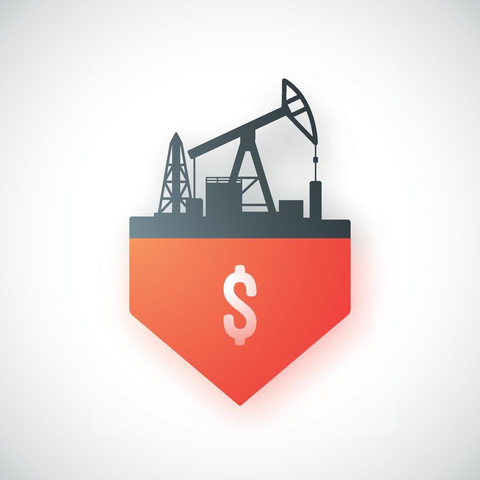 Oil crisis icon. Flat design with Pump Jack and red down arrow showing a decline in oil prices. vector