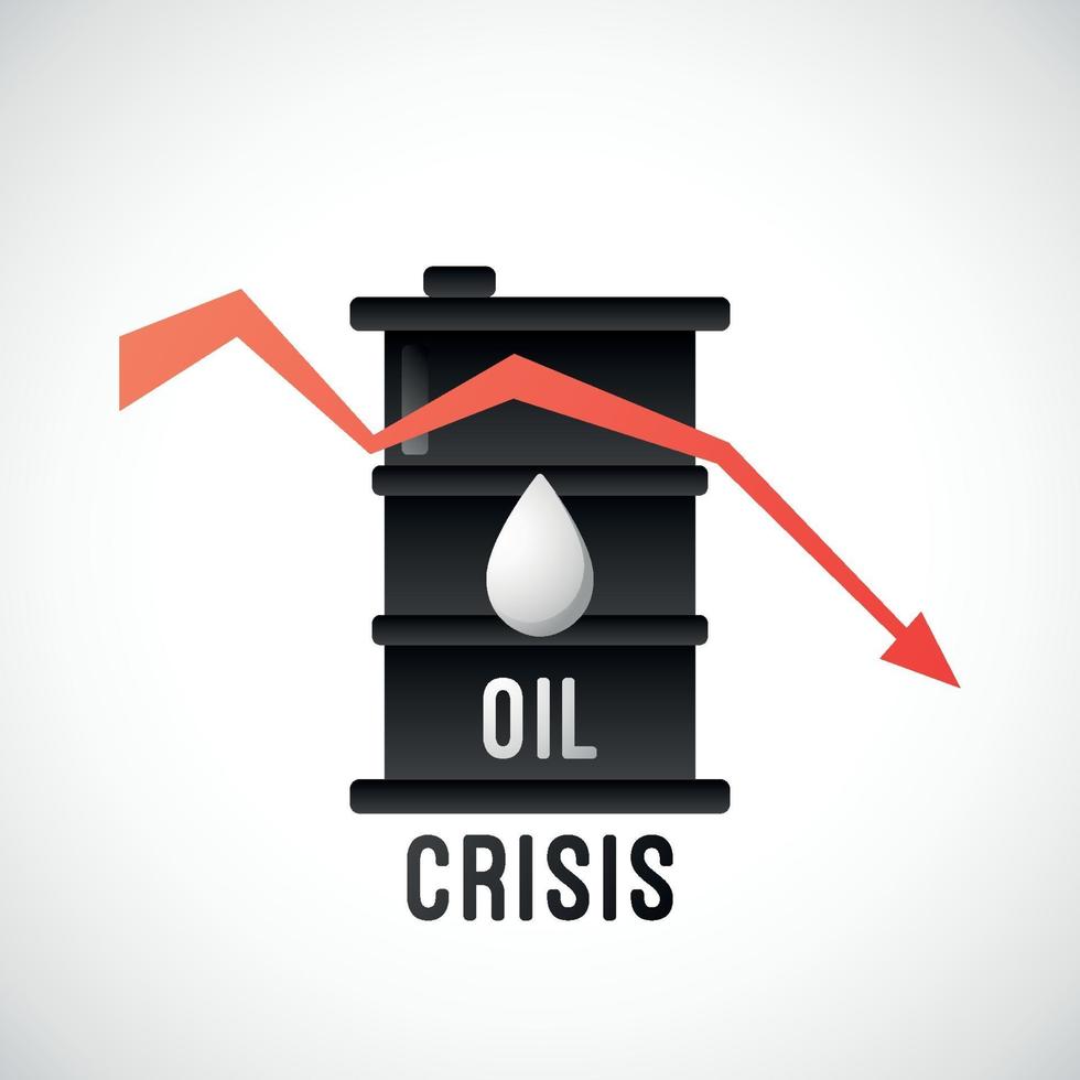 Diseño plano de la crisis del petróleo con barril y flecha roja hacia abajo que muestra una disminución en los precios del petróleo. vector