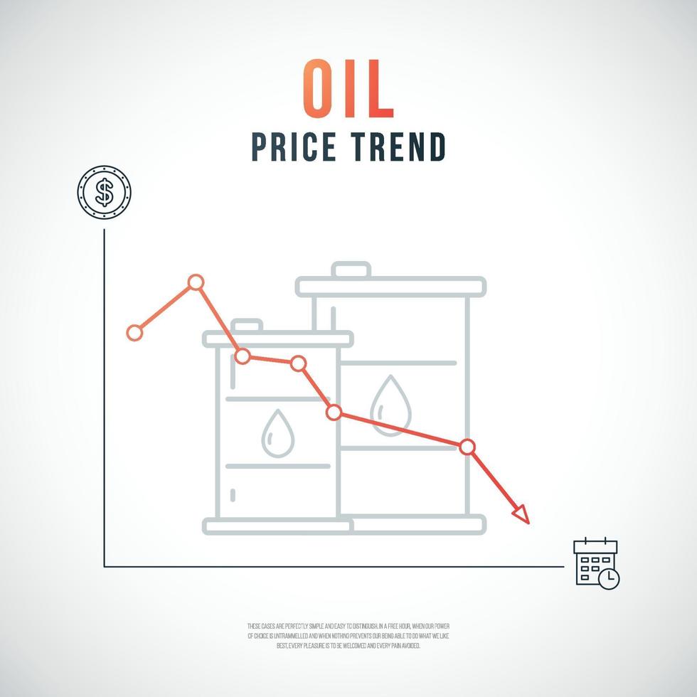 caída del precio del gráfico de petróleo. flecha roja en el gráfico con barriles de petróleo, símbolos de dinero y tiempo. vector