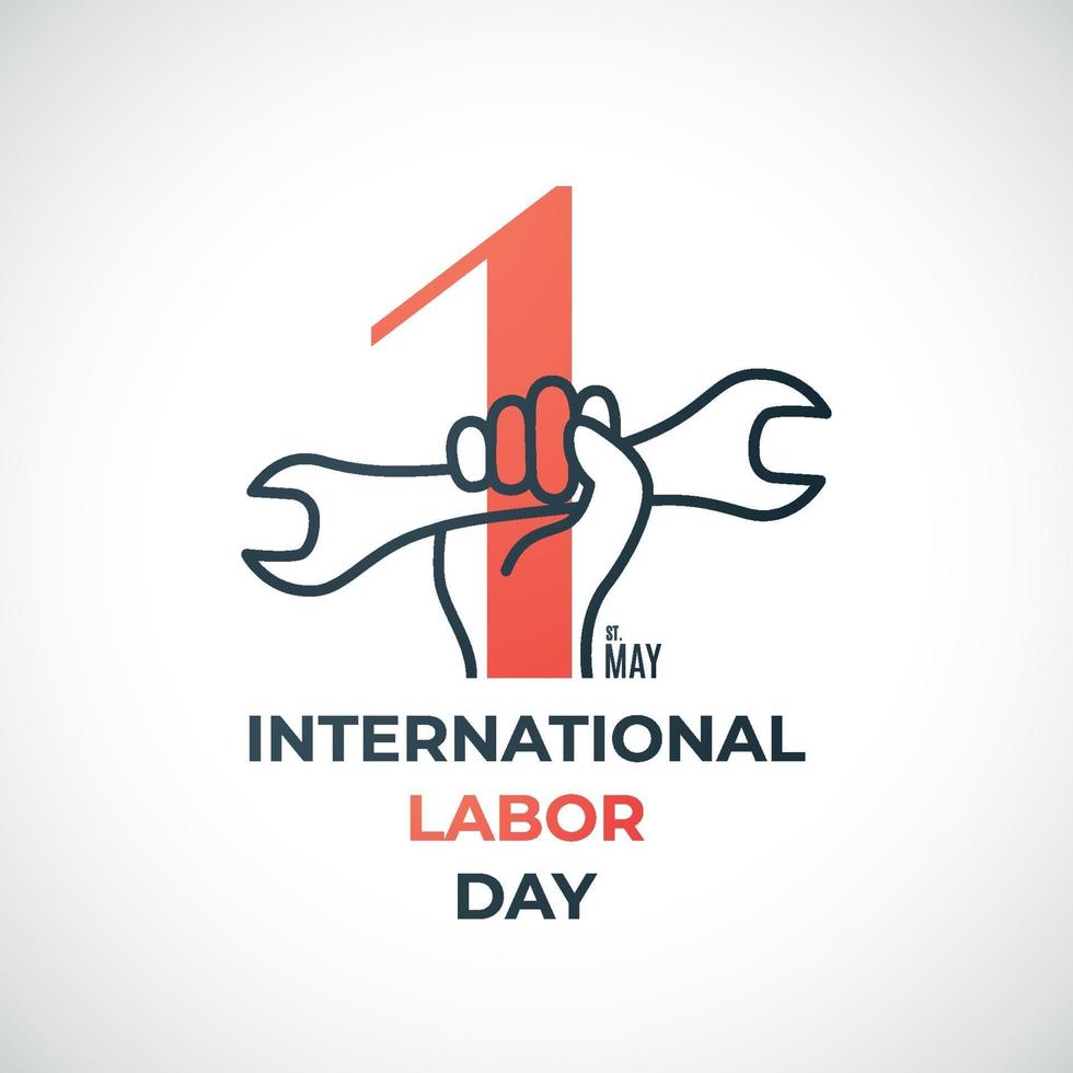 Labor Day concept banner with red number 1 and hand holding wrench. 1st may, Labor Day. vector