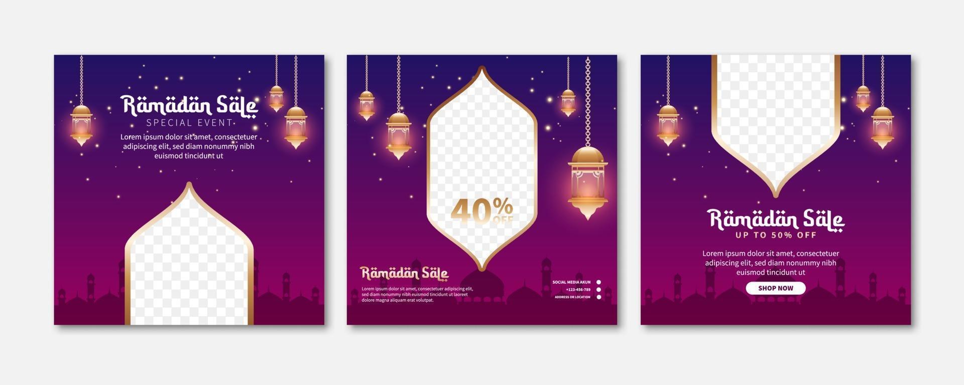 conjunto de banner de venta de Ramadán. banner de promoción web para tarjeta de felicitación, cupón, plantilla de publicación en redes sociales para evento islámico vector