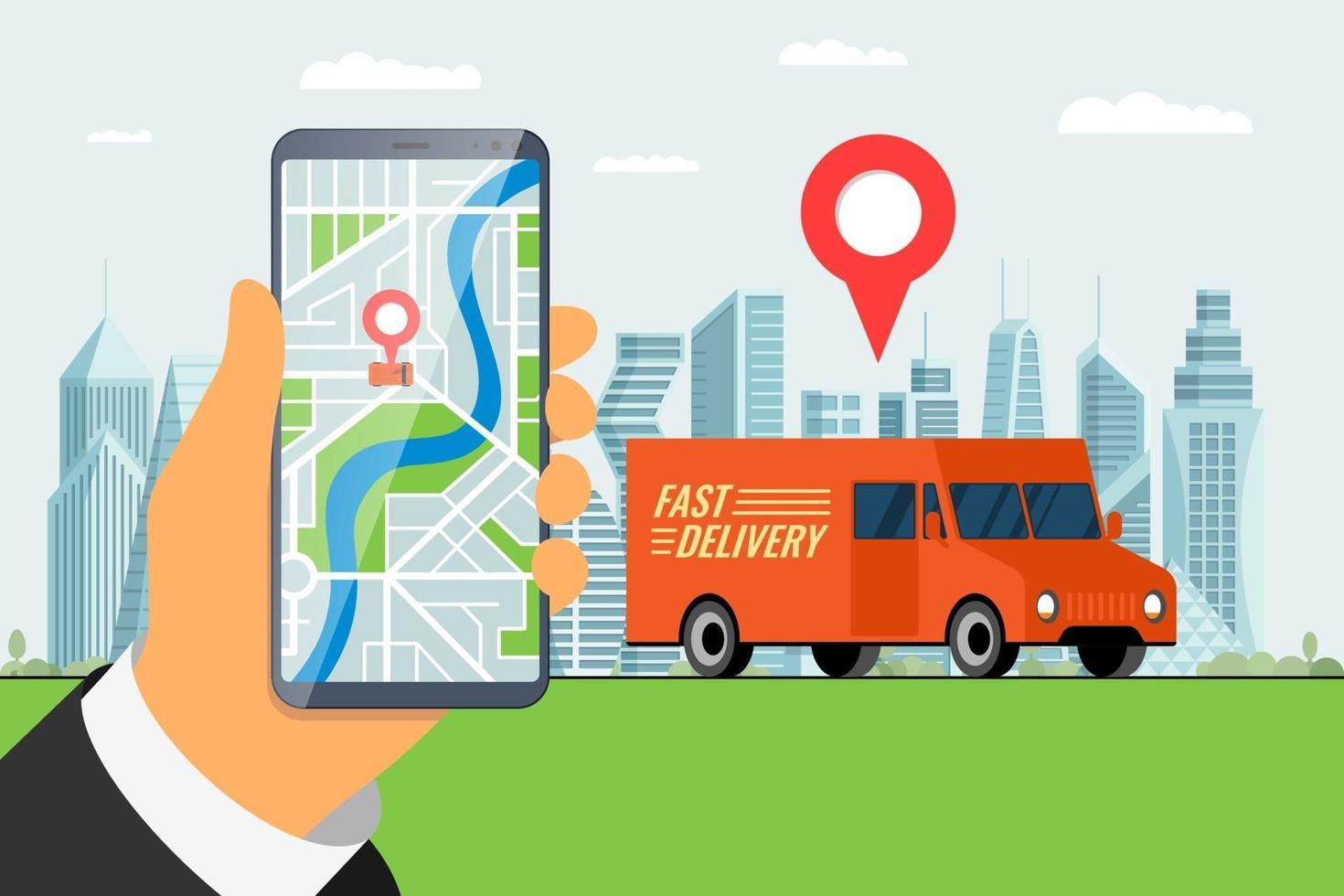 Fast delivery lorry truck ordering service app concept. Hand holding smartphone with geotag gps location pin arrival address on city street and express cargo shipping. Online application flat vector