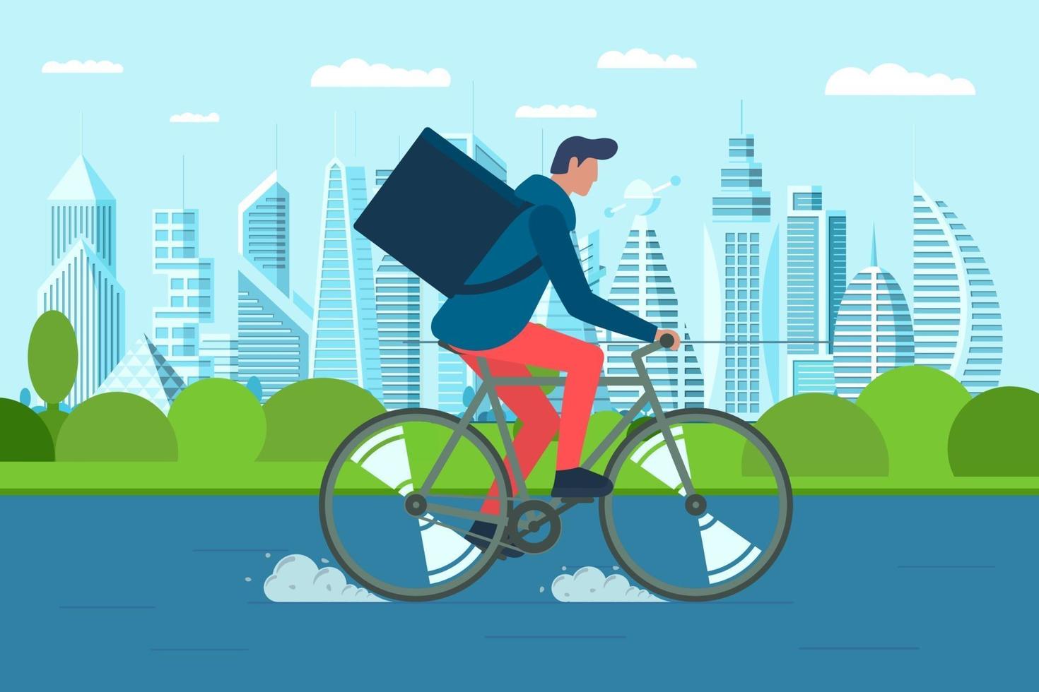 Young male courier with backpack box riding bicycle and carries goods and food package on modern city street. Fast cycling eco delivery order service. Vector illustration