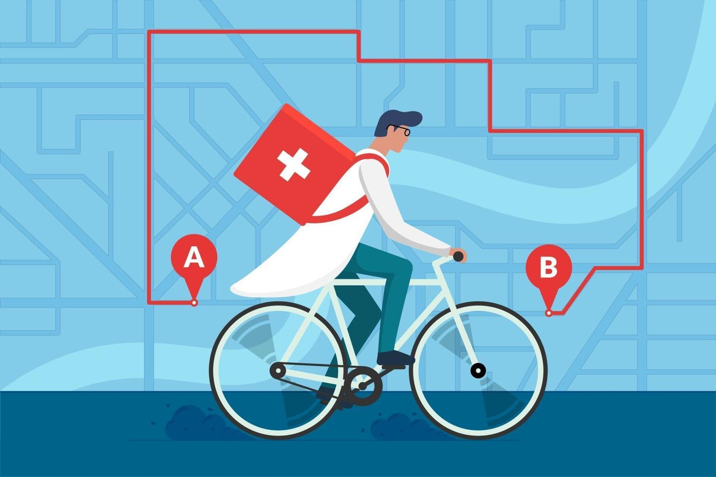 Entrega de farmacia de medicamentos. Médico varón montando bicicleta con botiquín médico quirúrgico sanitario de primeros auxilios en el plano del mapa de calles de la ciudad y la ruta de navegación. vector