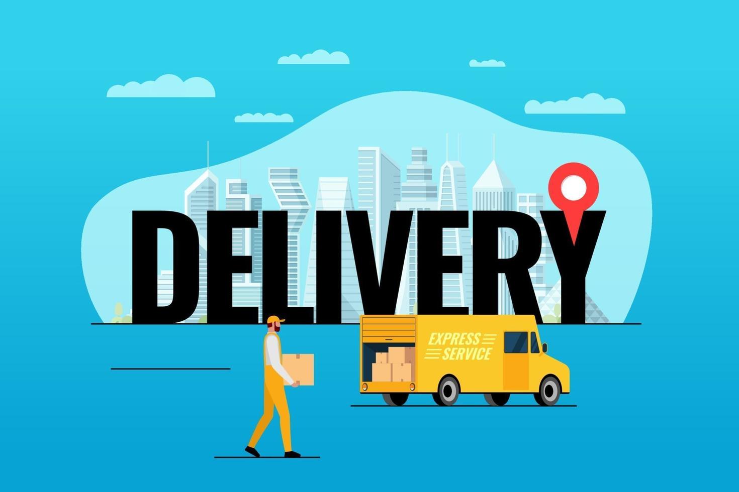 Express delivery service lorry truck ordering concept. Big text with gps pin geotag on modern city and male courier with package box. vector