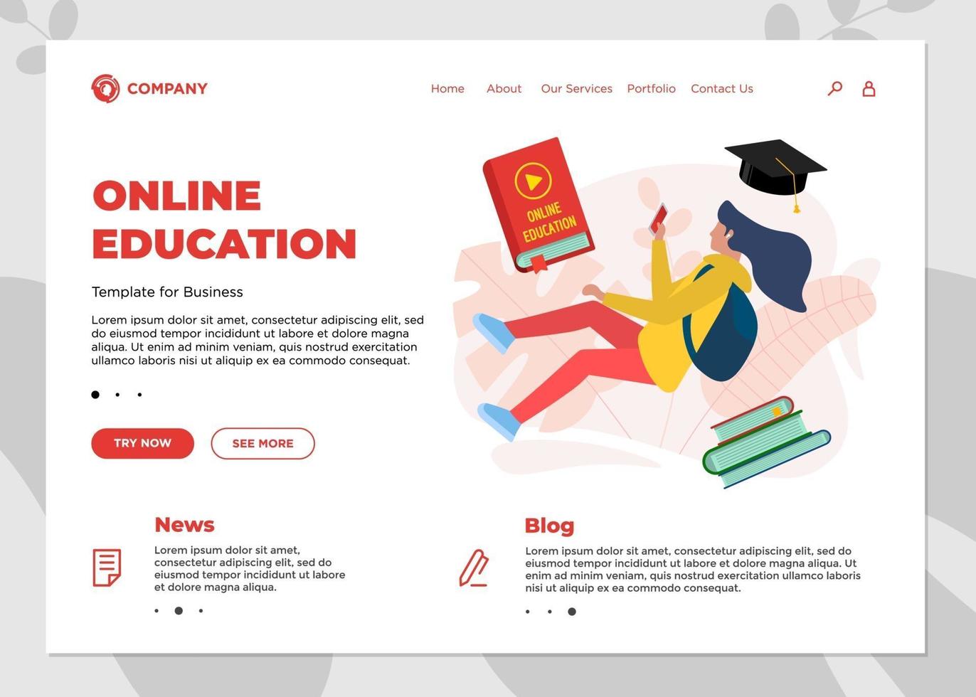 Online education course landing page template. E-learning website mockup with student teenager female and play video sign on cover book. vector