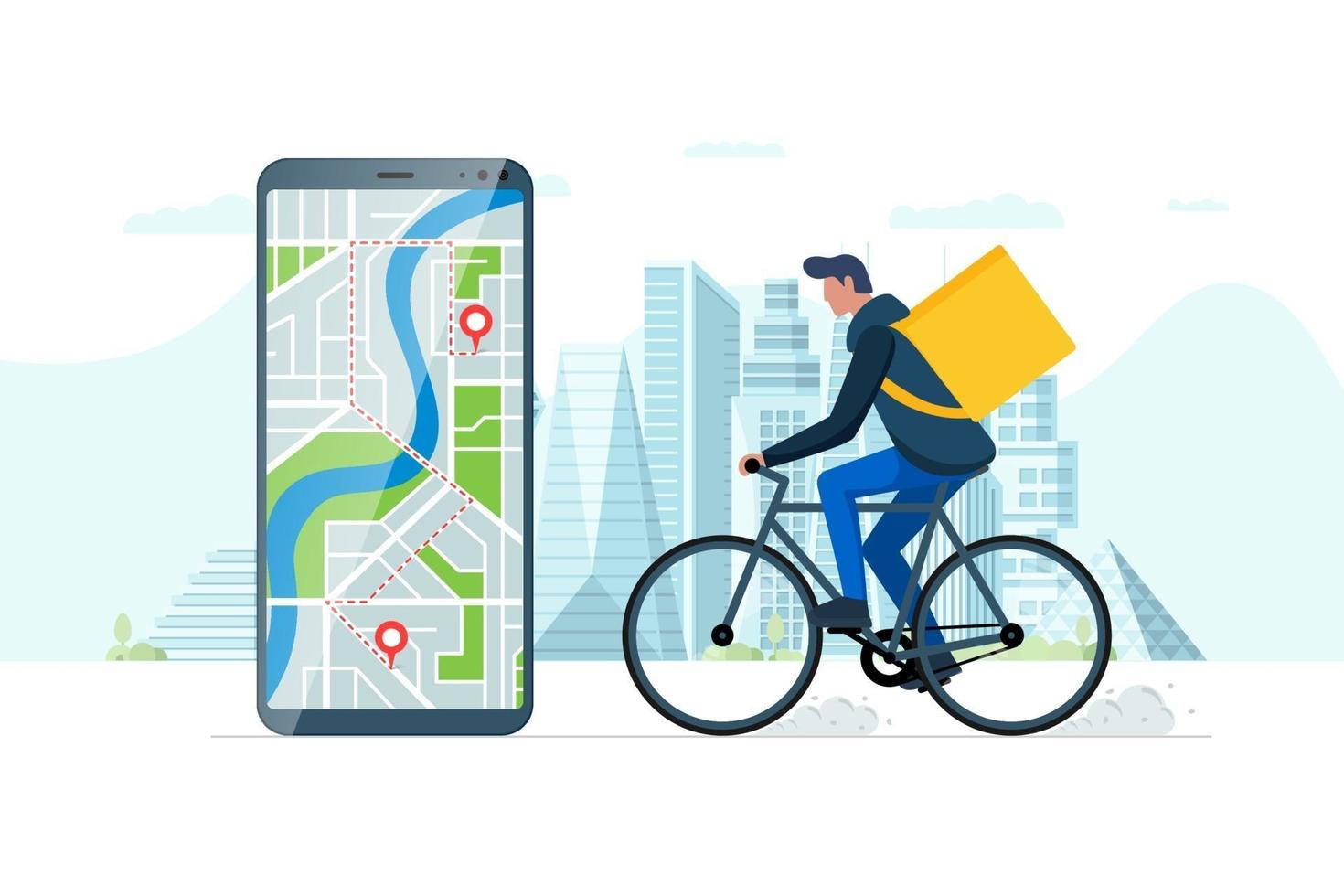 concepto de aplicación de servicio de pedido de entrega rápida de bicicletas. teléfono inteligente con pin de ubicación gps geotag en la calle de la ciudad y mensajería de envío de comida express ecológica con mochila eps vectoriales de solicitud en línea vector