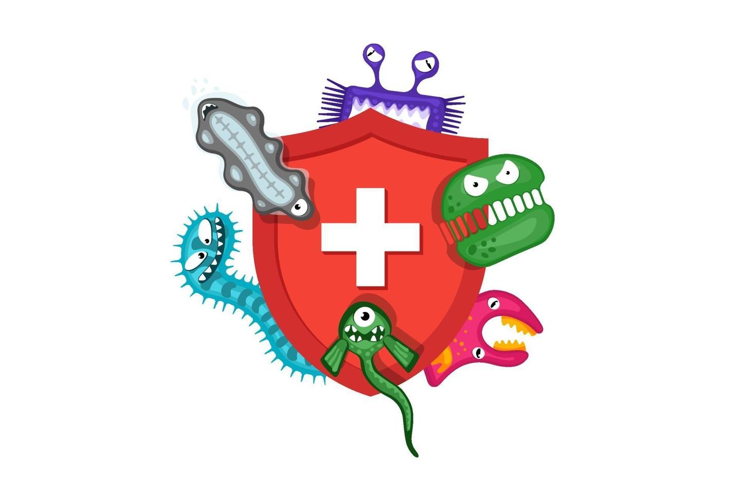 Immune system concept. Hygienic medical red shield protecting from virus germs and bacteria. vector