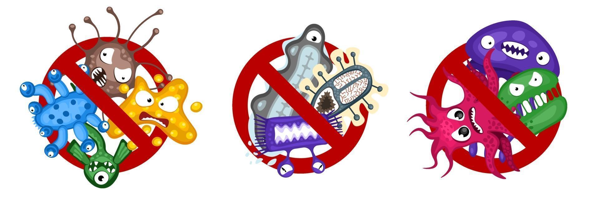 Stop spread virus symbol set. Cartoon germ characters isolated vector eps illustration on white background. Cute fly bacteria infection character. Microbe viruses and diseases protection