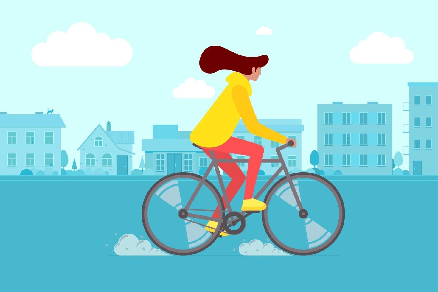 hipster mujer montando bicicleta en las calles de la ciudad. joven ciclista actividad de ocio en la carretera de la ciudad. elegante, niña, en, bicicleta, plano, vector, eps, ilustración vector