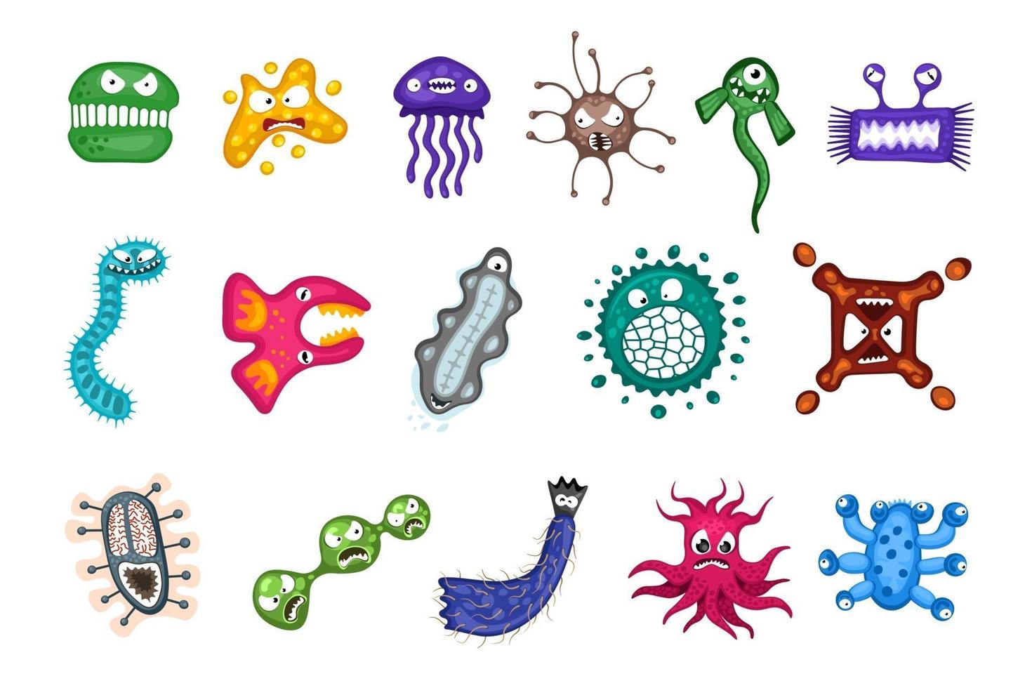 Microorganism virus vector cartoon bacteria germ emoticon character set. Microbe, pathogen, monster, organism emotions isolated on white background