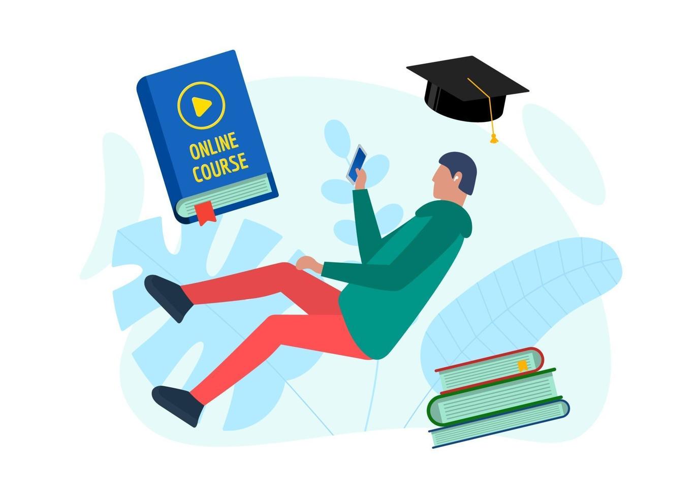 Online education course design concept. Remote e-learning student teenager male with smartphone and play video sign on cover book. Distance studying and internet teaching knowledge flat eps template vector