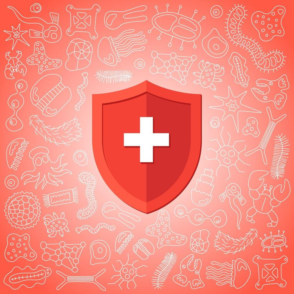 Hygienic medical prevention red shield protecting from virus germs and bacteria. Immune system concept. Microbiology and medicine flat vector illustration banner design