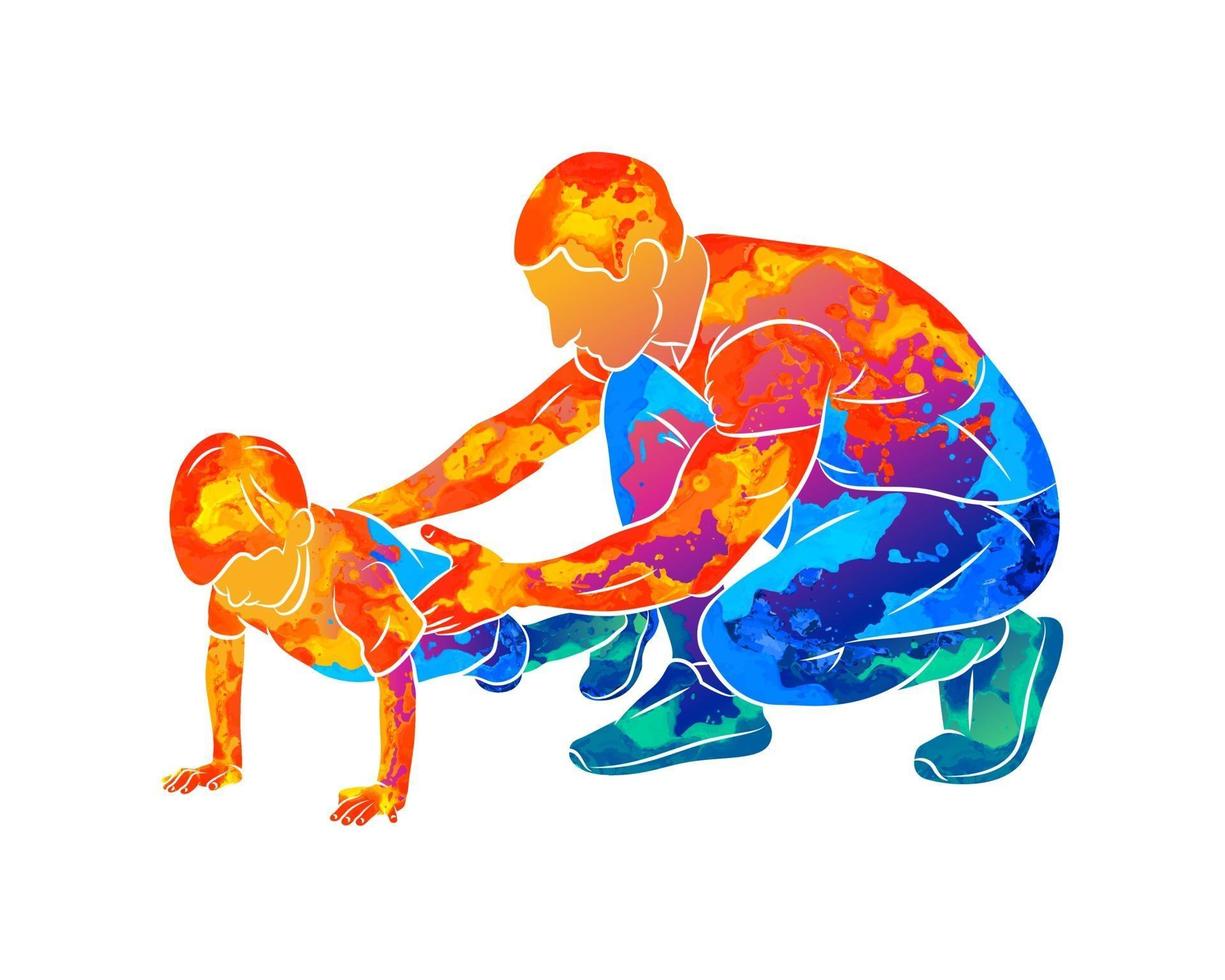 entrenador abstracto ayuda a un niño a hacer flexiones desde el suelo con salpicaduras de acuarelas. ilustración vectorial de pinturas. clases de educación física. fitness para niños vector