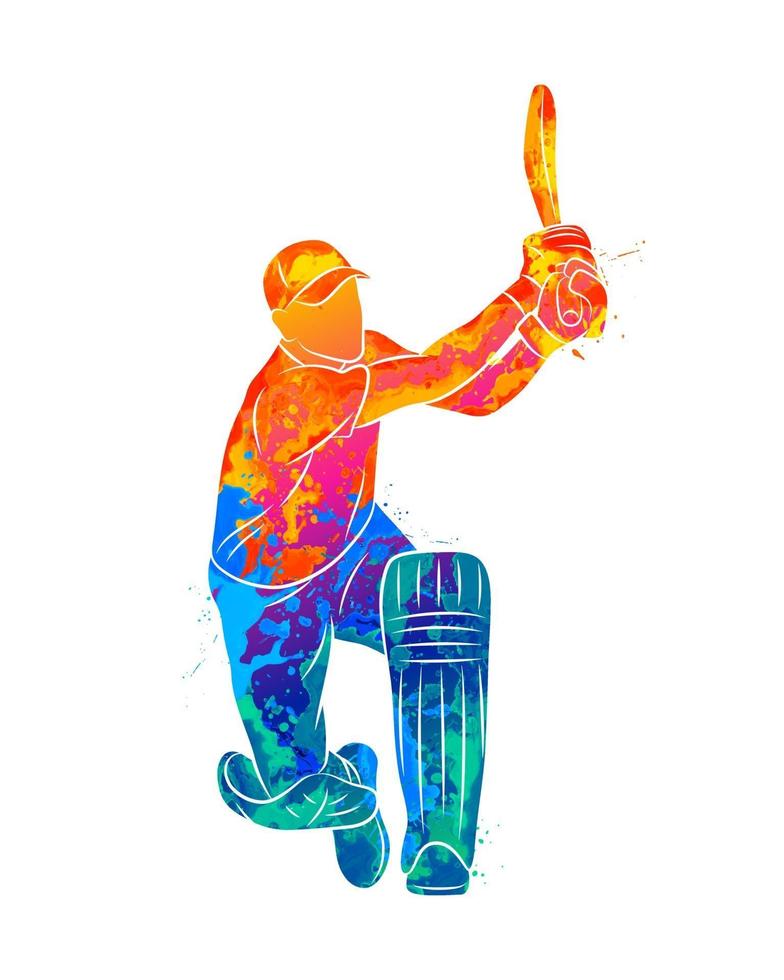 Abstract batsman playing cricket from splash of watercolors. Vector illustration of paints