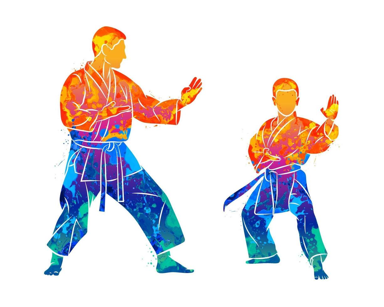 Abstract trainer with a young boy in kimono training karate from splash of watercolors. Vector illustration of paints