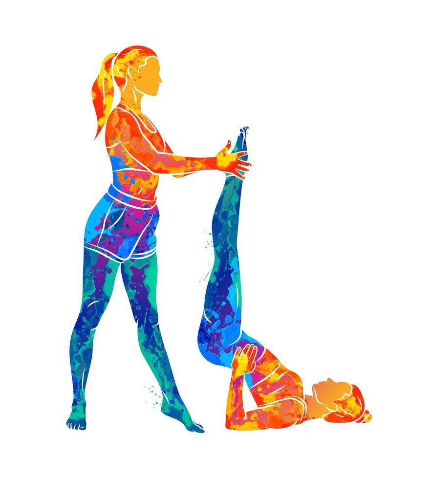 Abstract trainer helps a young woman to do yoga or Pilates, does exercises from splash of watercolors. Vector illustration of paints