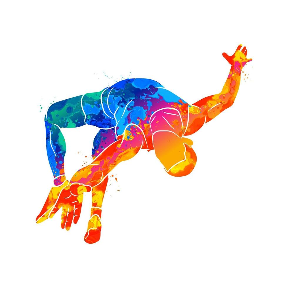 Abstract athlete jumps in height from splash of watercolors. Vector illustration of paints