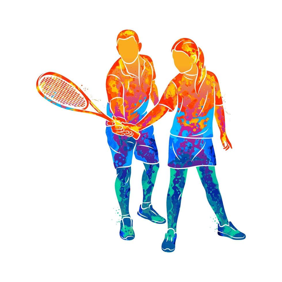 Abstract trainer helps a young woman do an exercise with a racket on her right hand in squash from splash of watercolors. Squash game training. Vector illustration of paints