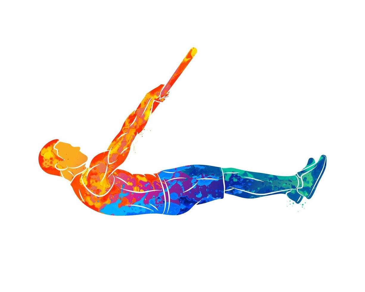 Abstract young man doing abdominal exercise on horizontal bar from splash of watercolors. Functional training with own weight. Street workout training. Calisthenics workout. Vector illustration