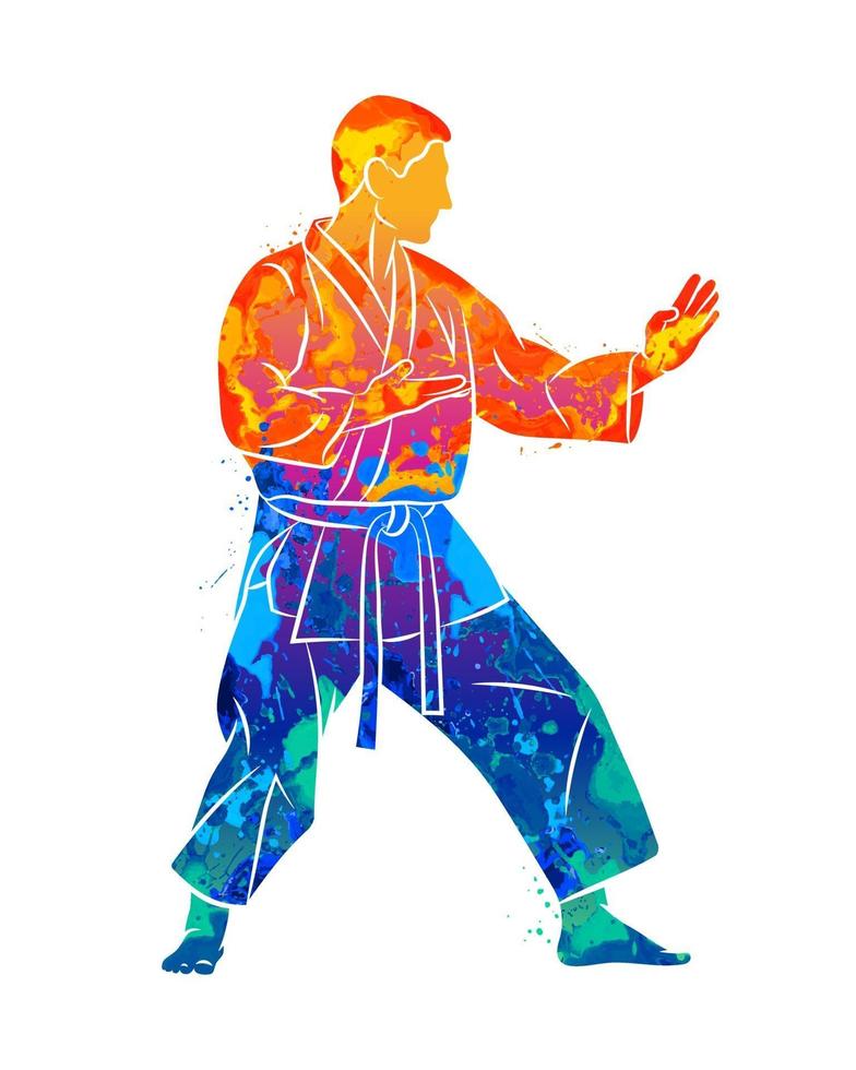 Abstract man in kimono training karate from splash of watercolors. Vector illustration of paints