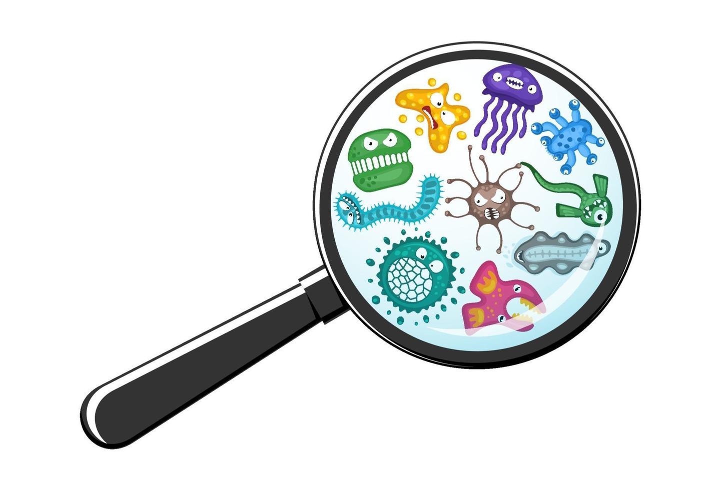 varios microorganismos, dibujos animados de vectores de virus, bacterias,  gérmenes, conjunto de caracteres de emoticonos a través de una lupa.  2141616 Vector en Vecteezy