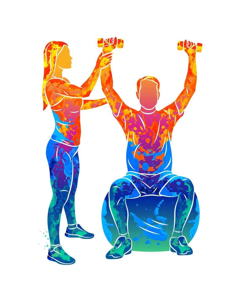 Abstract professional rehabilitation physiotherapy worker with senior patient from splash of watercolors. Vector illustration of paints