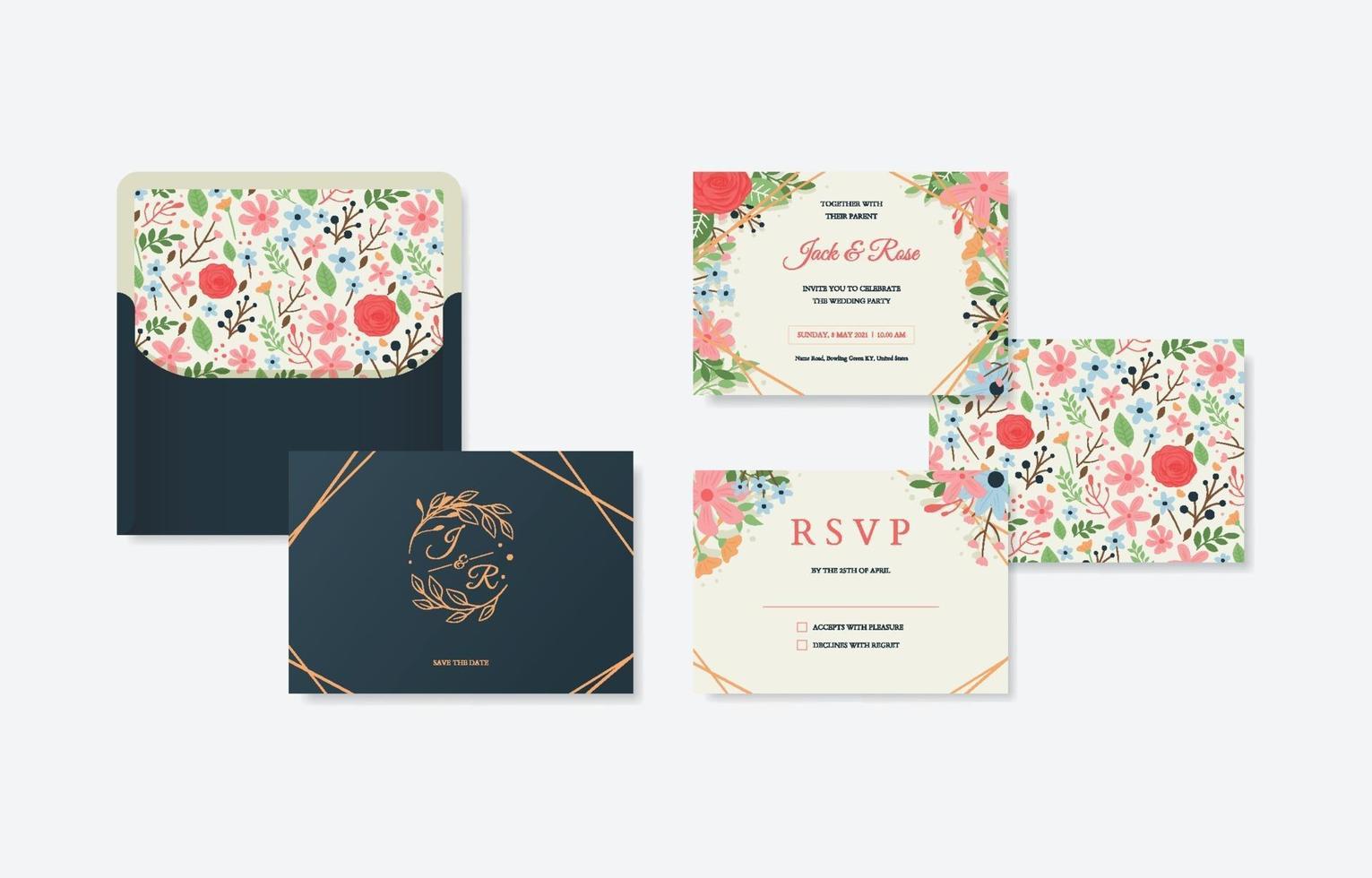 hermoso conjunto de diseño de rsvp de boda vector