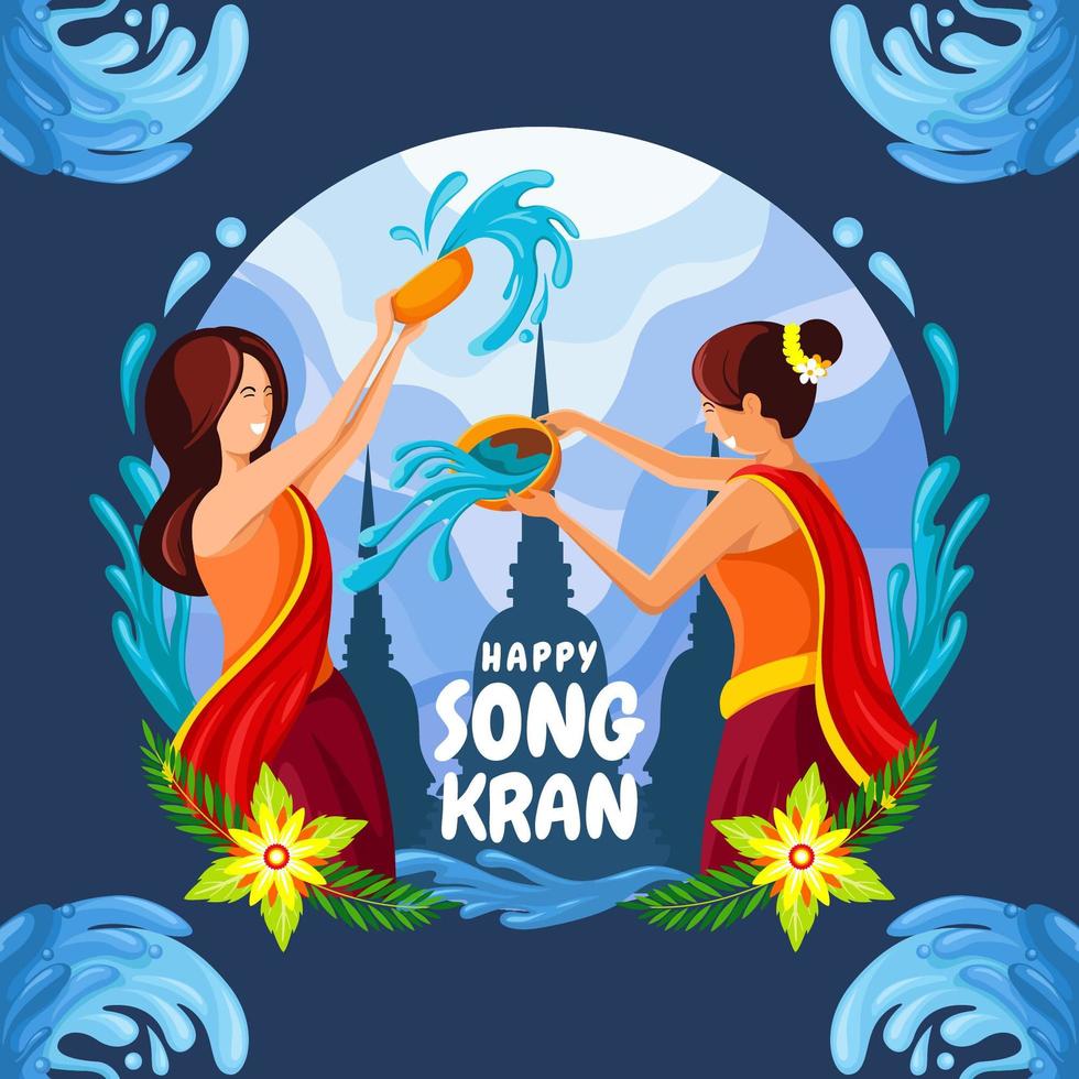 Two Women Playing Water at the Songkran vector