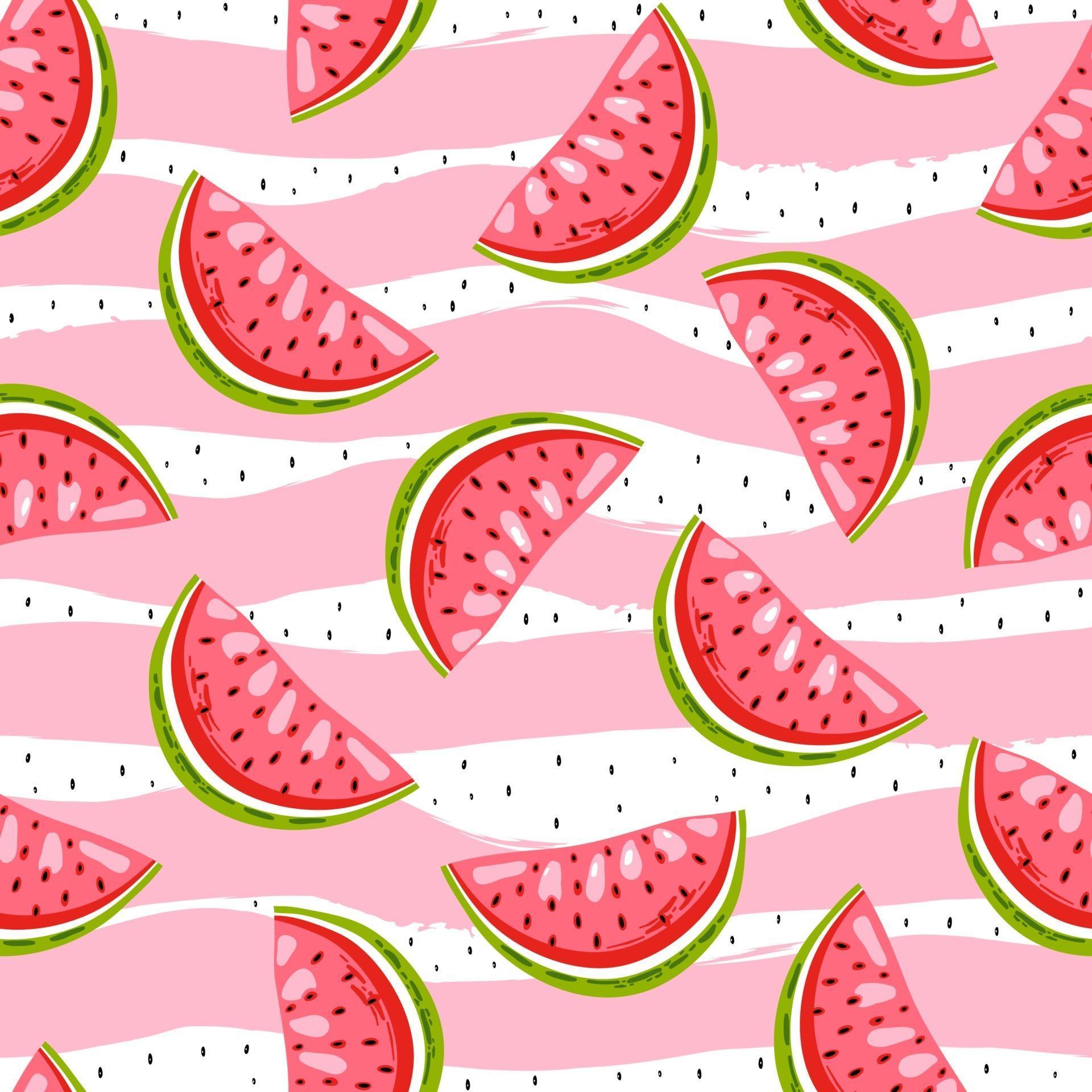 Sweet watermelon on stripes background with black seed. Summer seamless