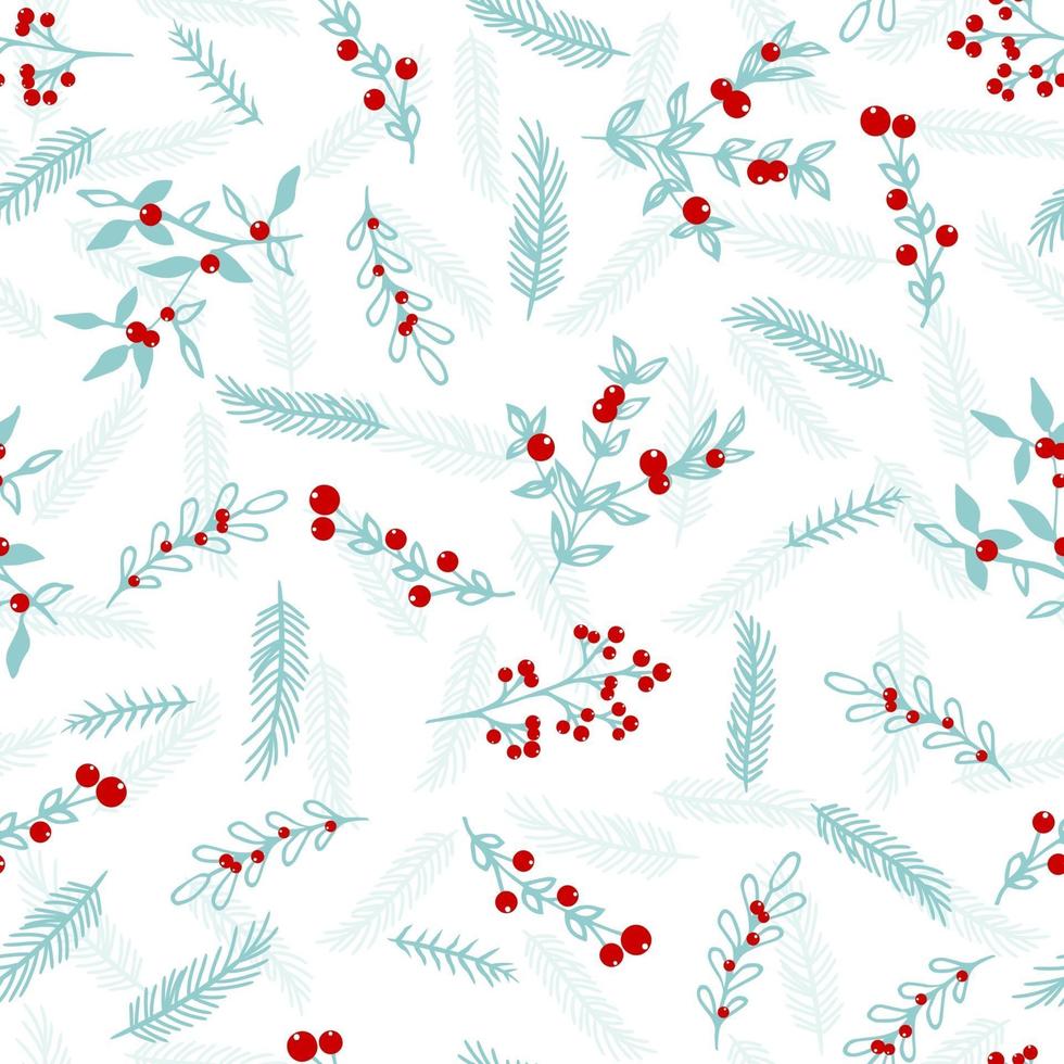 Seamless winter pattern. Merry Christmas, Happy New Year seamless pattern with branches, leaves, red berries for greeting cards, wrapping papers. vector