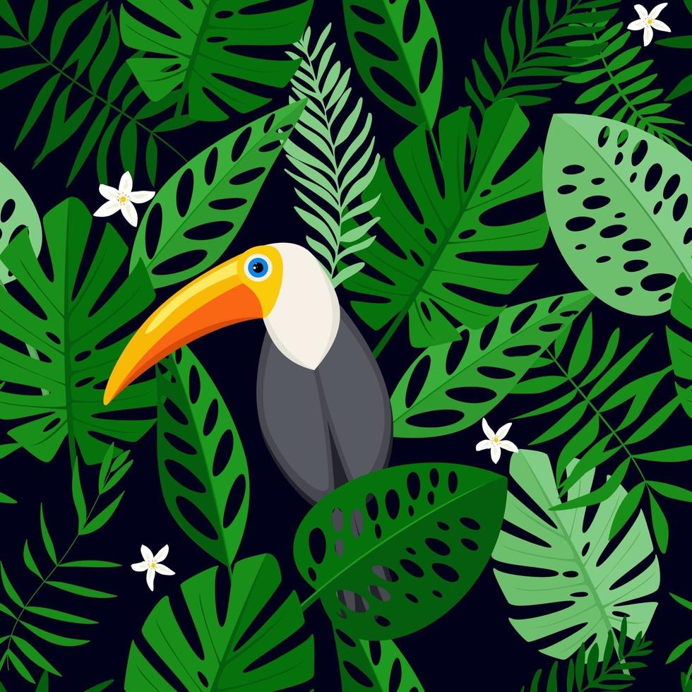 Seamless pattern with tropical flowers and leaves with toucan bird. Hand drawn, vector, bright colours. Background for prints, fabric, wallpapers, wrapping paper. vector