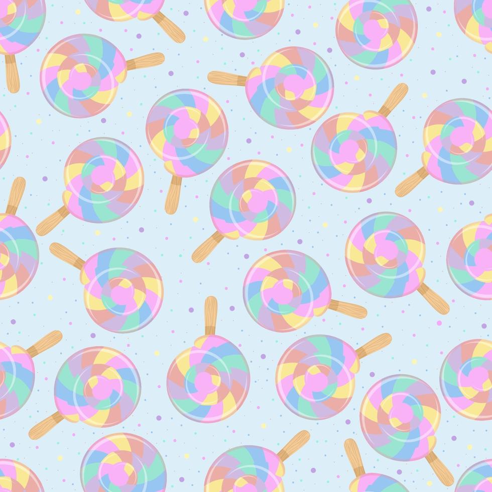 Bright colored lollipop. Rainbow spiral ball and sweet sprinkling. Seamless background for kids clothes. vector
