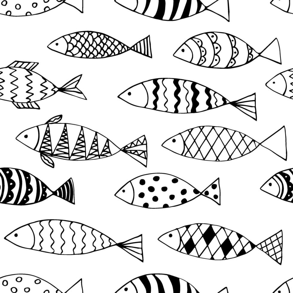 Doodles fish seamless. Funny monohrome print. vector