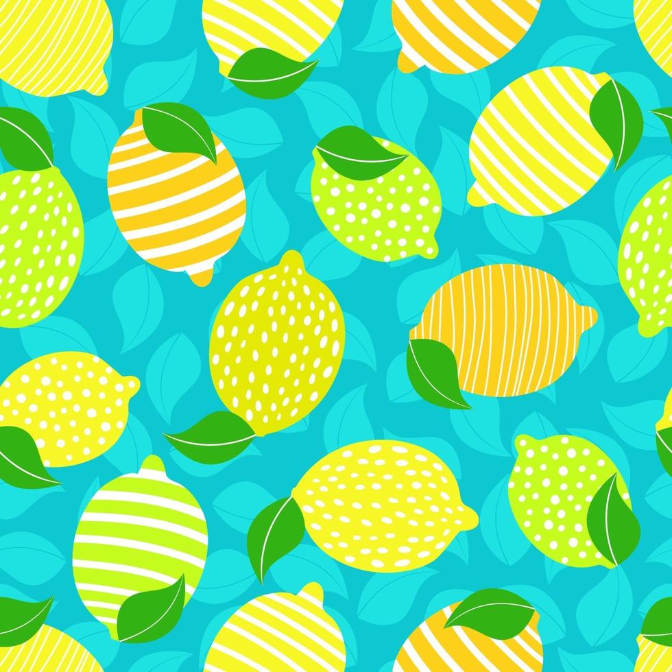 Seamless pattern with lemons and leaves on the blue background. vector