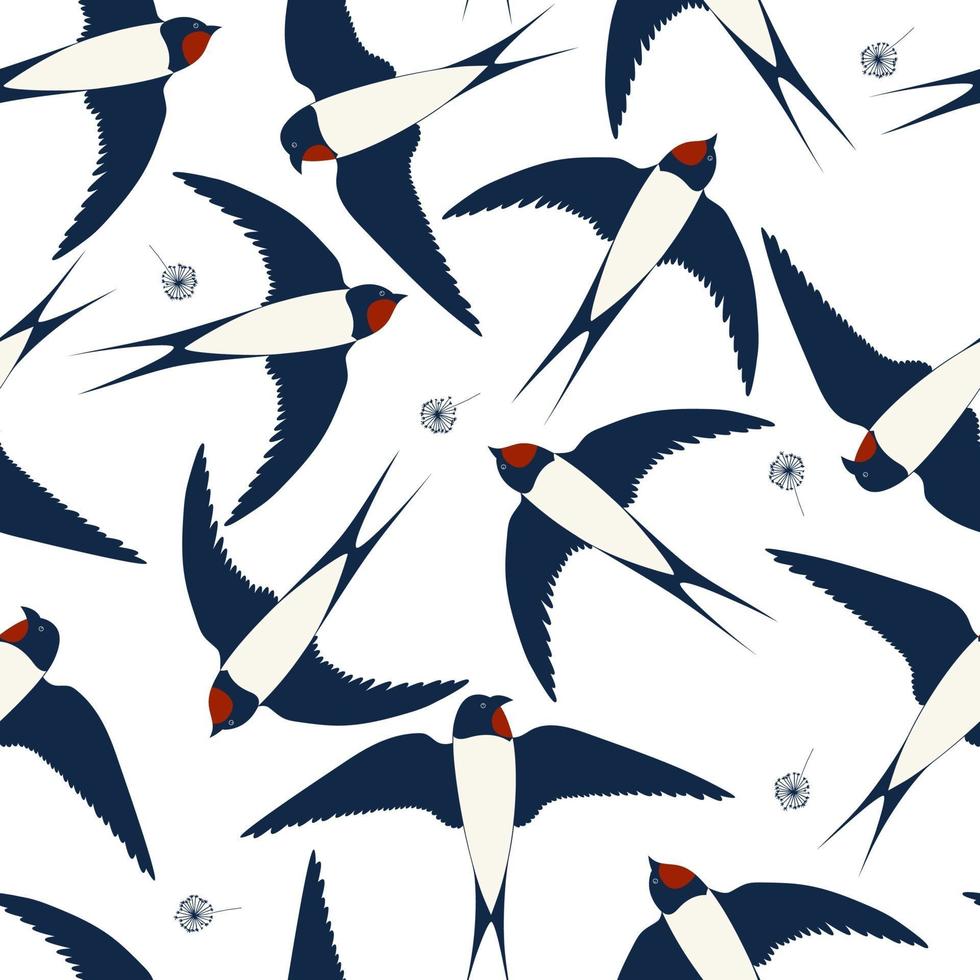 Seamless pattern with flying swallows with dandelion. Cute print for fabric. vector