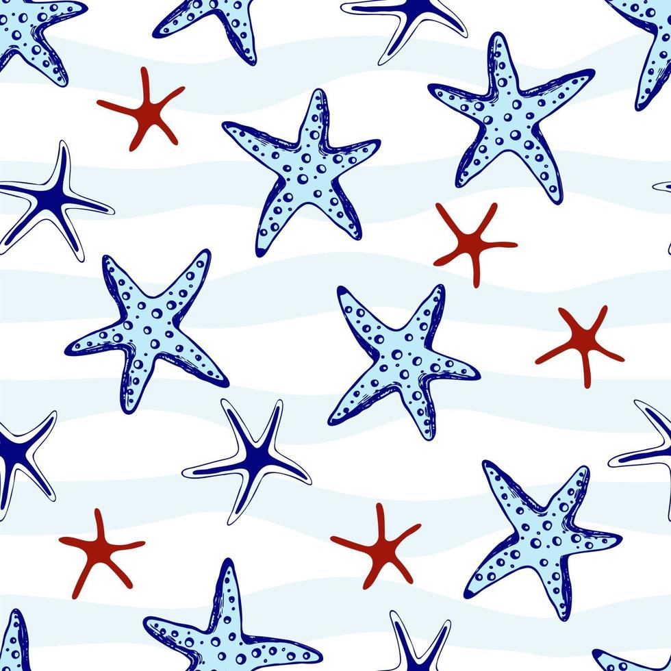 Hand drawn sea stars seamless. Marine illustration shell. Print for fabric, wallpaper, wrapping paper, textile, bedding, t-shirt. vector