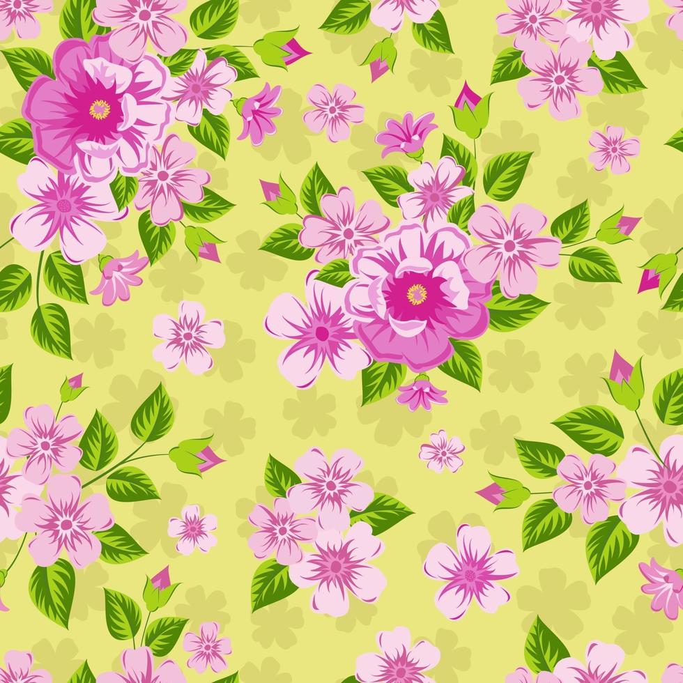 flores de color rosa sobre fondo amarillo. impresión brillante sin costuras. vector