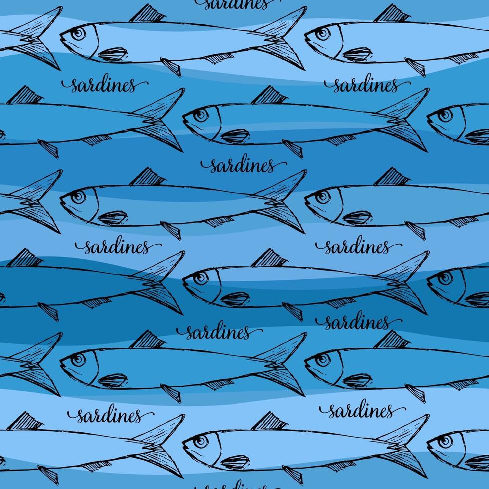 Vector seamless pattern of Portuguese sardines on blue stripp background. Funny image to print on textiles, cards, ads, t-shirts.