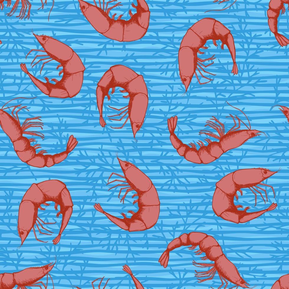 Hand drawn seafood seamless pattern. Shrimp background sketch style prawn. Vector illustration.