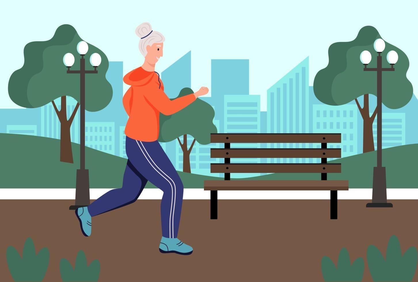 An elderly woman runs in the Park. The concept of active old age, sports, and running. Day of the elderly. Flat cartoon vector illustration.