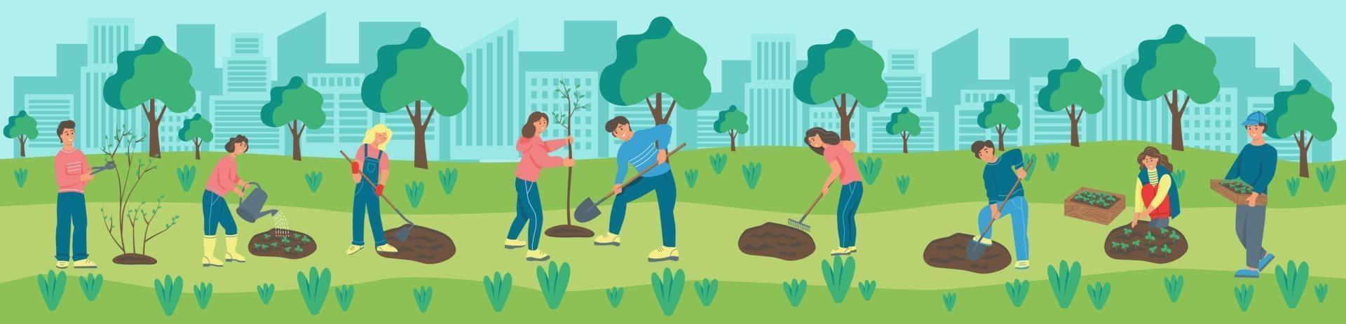 Banner people are engaged in gardening in the park. Men and women plant flowers and plants. Landscaping, taking care of nature. Flat cartoon vector illustration.