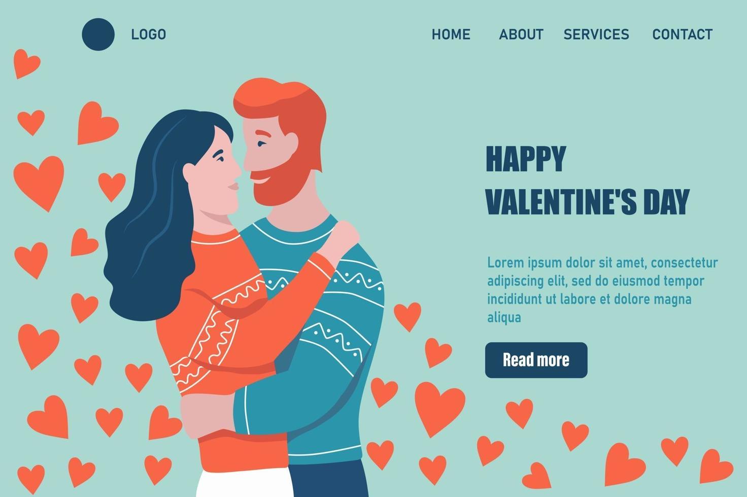 Happy Valentine's Day landing page vector template. Loving Couple hugs. A date, a man and a woman in love celebrate. Flat vector illustration